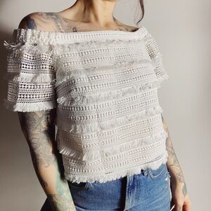 WHBM Crochet Lace Fringe Trim Off Shoulder Short Sleeve White Top Womens XS
